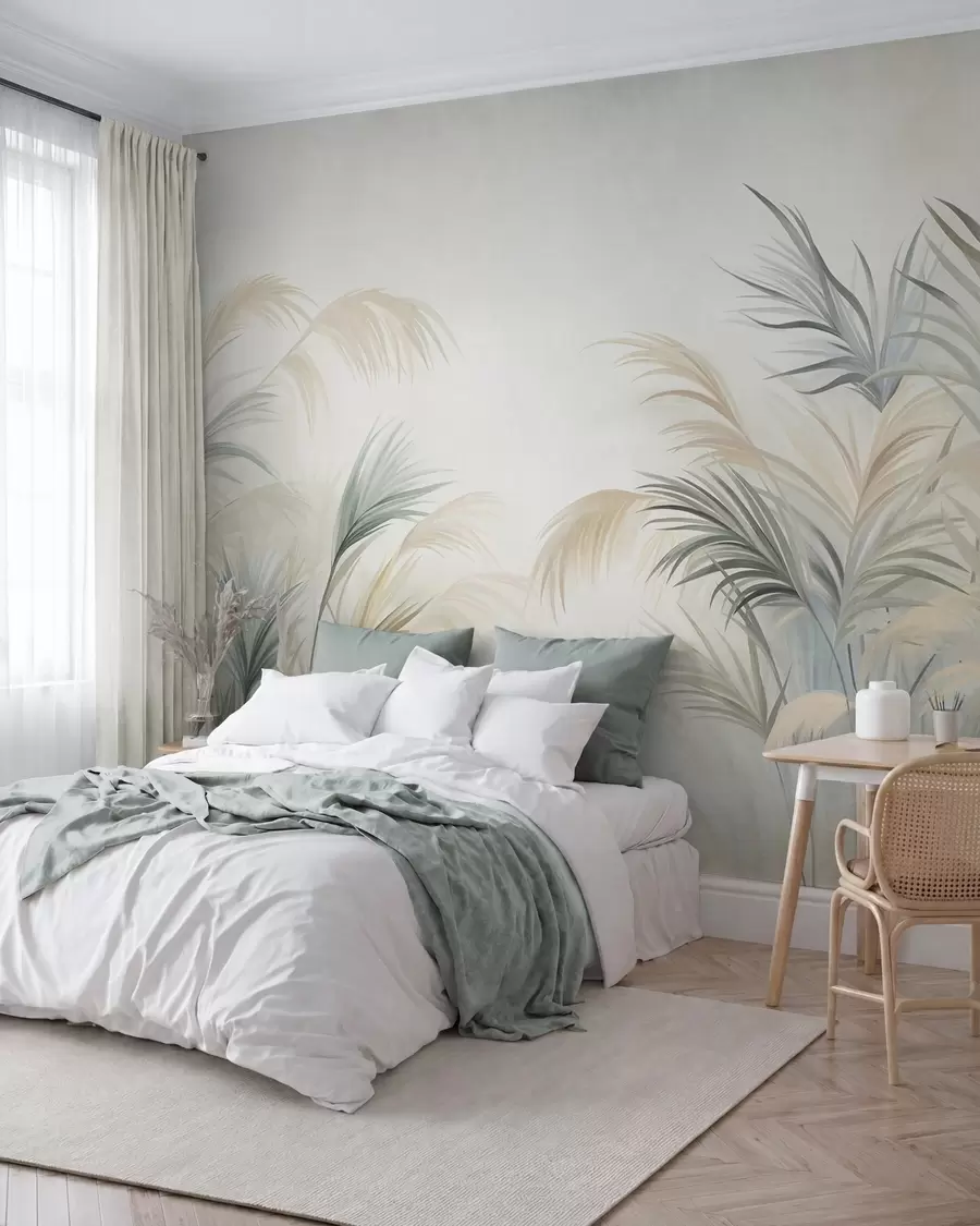 wall murals Високе биљке у пригушеним тоновима беж, зелене и сиве на мекој текстурираној позадини w09984
