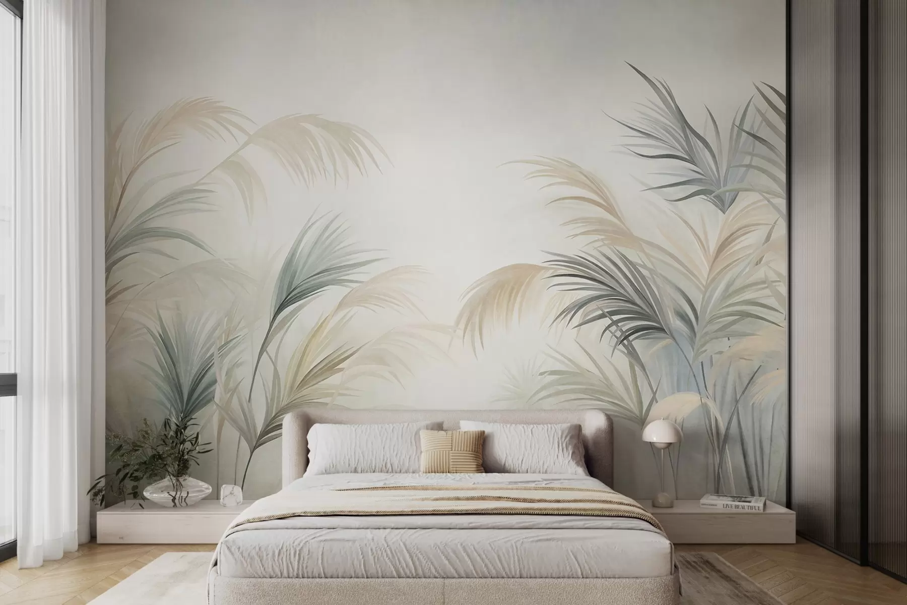 wall murals Високе биљке у пригушеним тоновима беж, зелене и сиве на мекој текстурираној позадини w09984