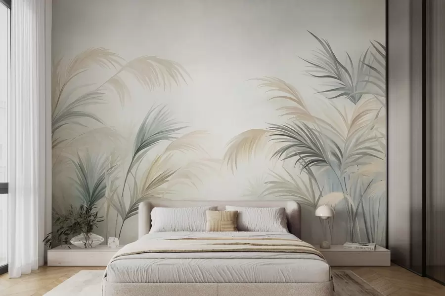 wall murals Високе биљке у пригушеним тоновима беж, зелене и сиве на мекој текстурираној позадини w09984