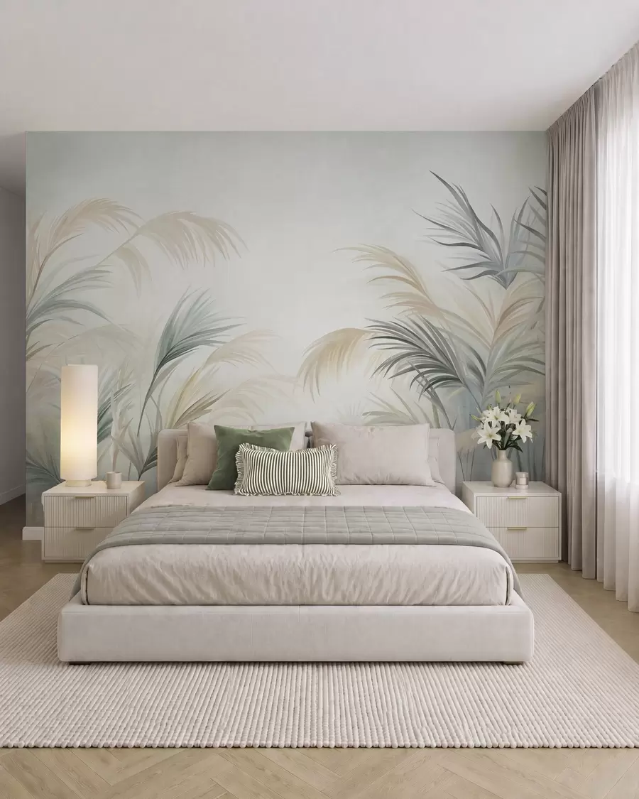 wall murals Високе биљке у пригушеним тоновима беж, зелене и сиве на мекој текстурираној позадини w09984