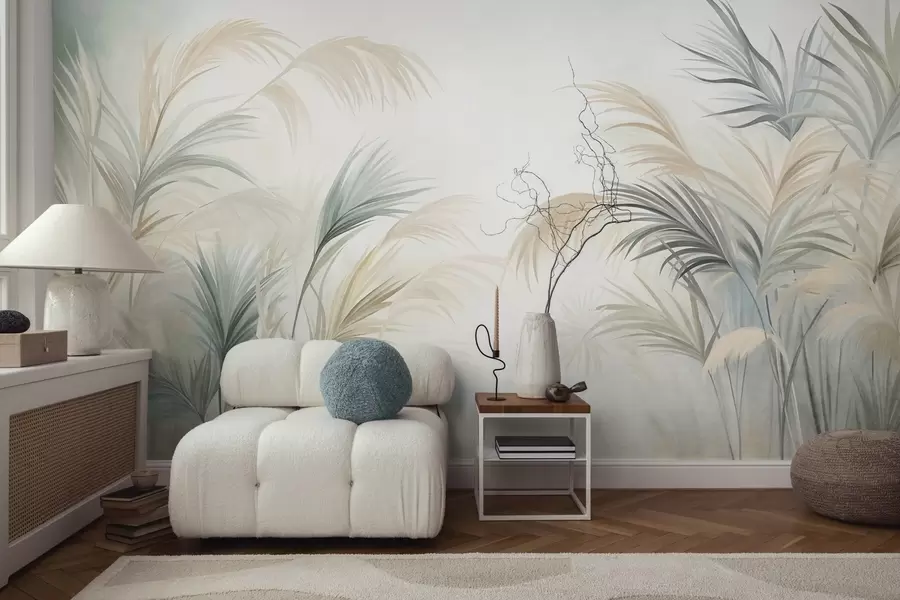 wall murals Високе биљке у пригушеним тоновима беж, зелене и сиве на мекој текстурираној позадини w09984