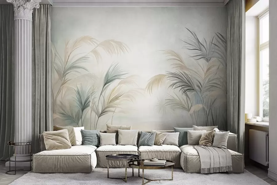 wall murals Високе биљке у пригушеним тоновима беж, зелене и сиве на мекој текстурираној позадини w09984