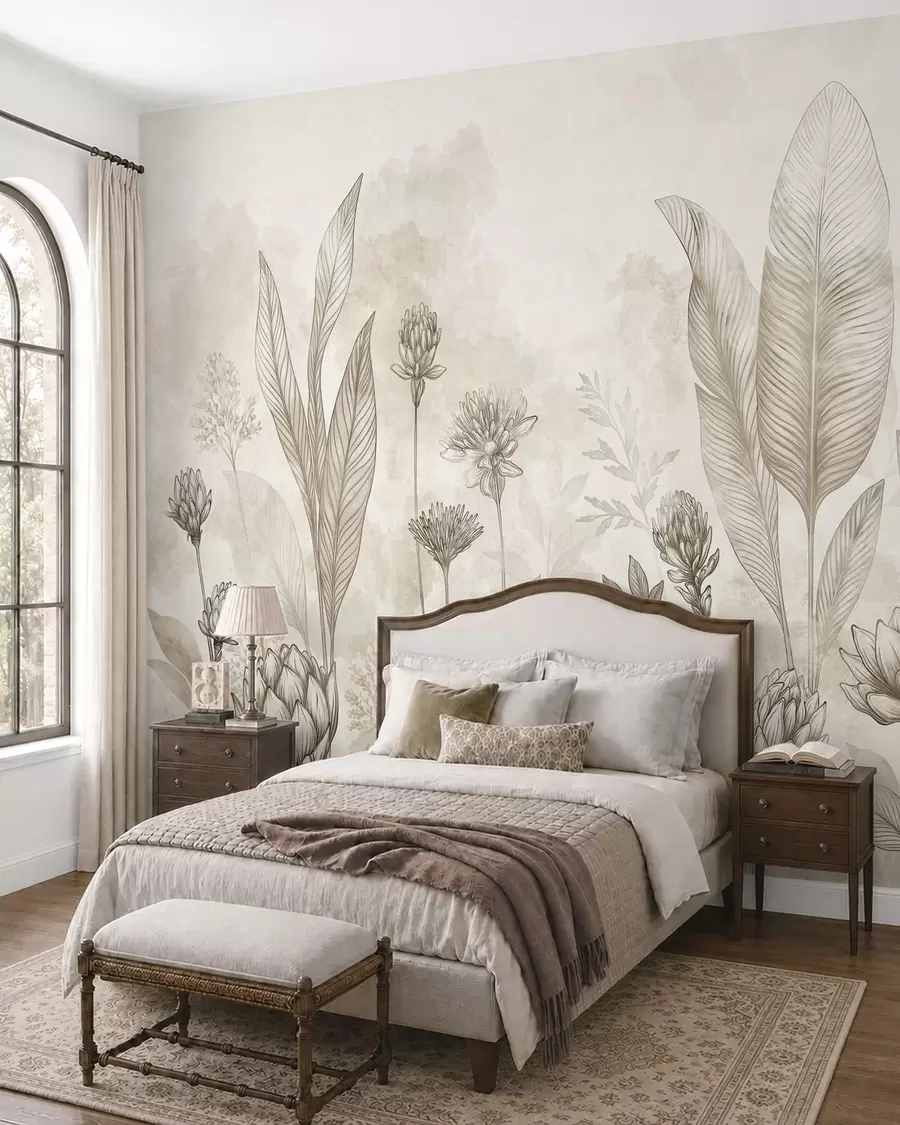 wall murals Ботаничка композиција са цвећем и лишћем w05802