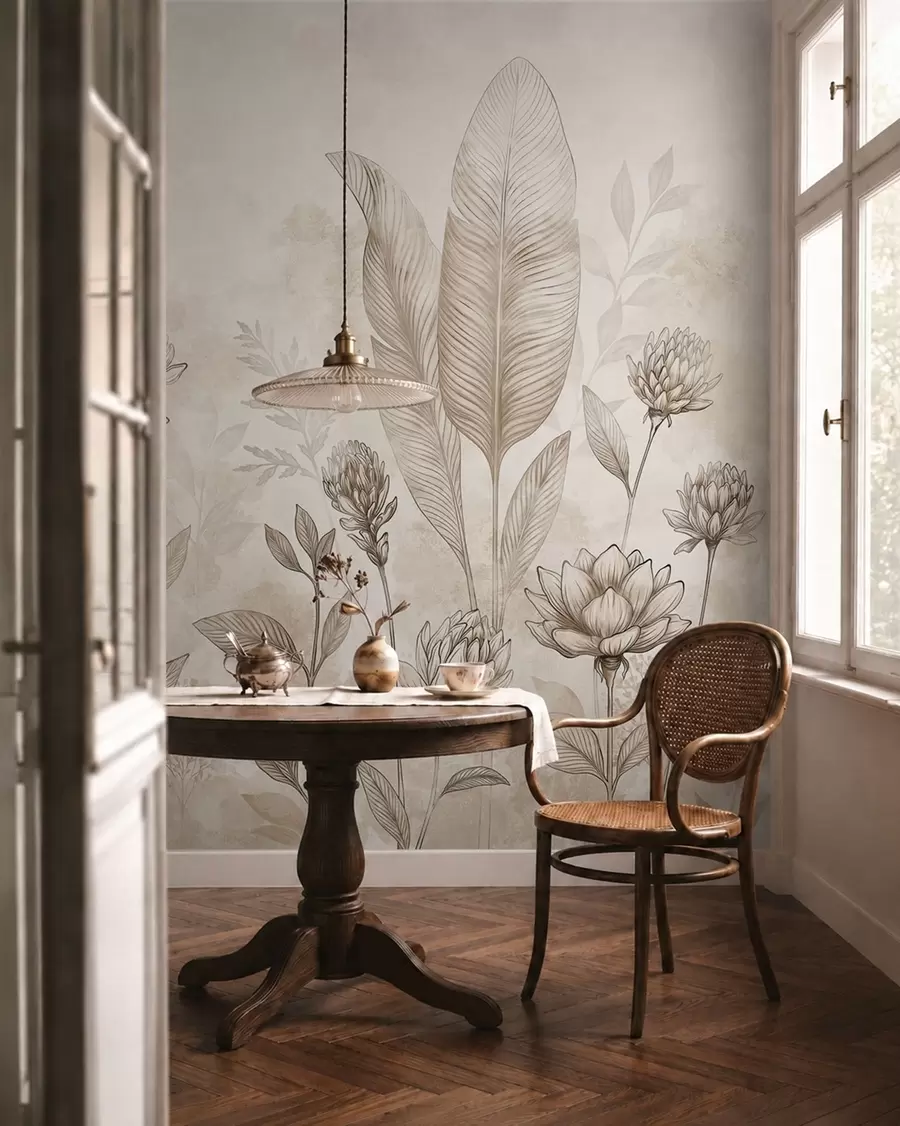 wall murals Ботаничка композиција са цвећем и лишћем w05802
