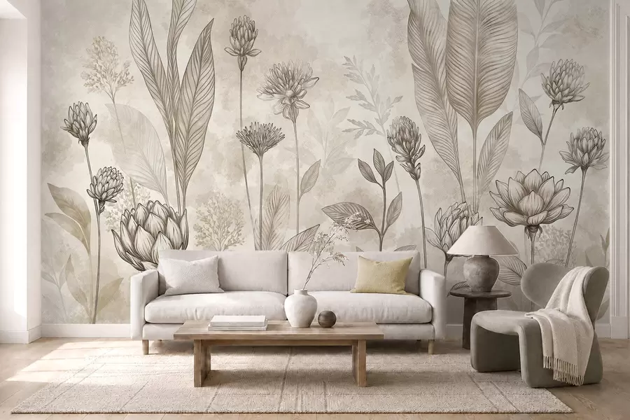 wall murals Ботаничка композиција са цвећем и лишћем w05802