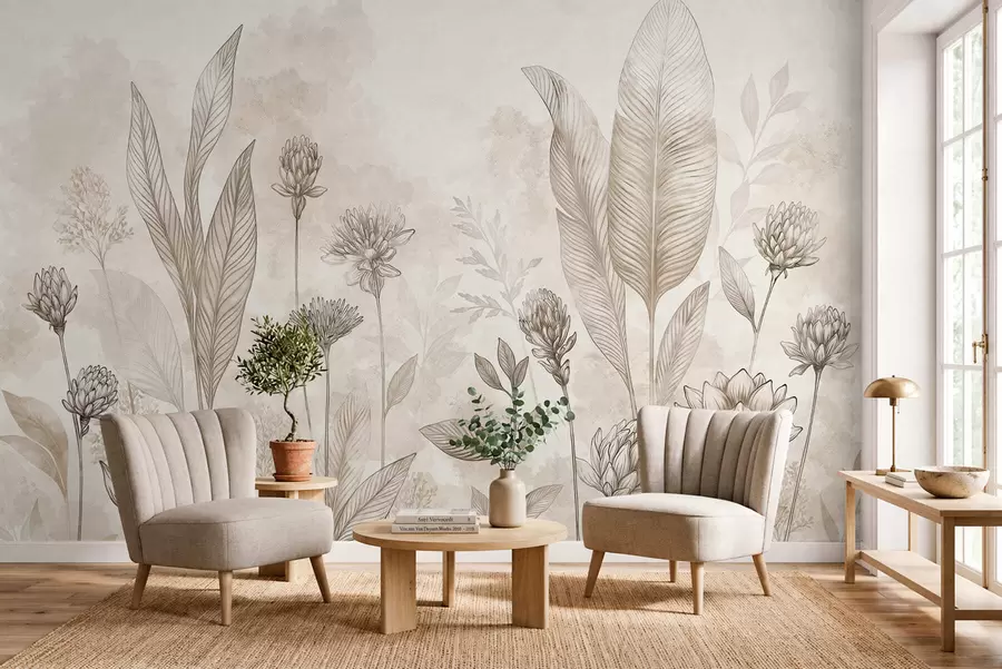 wall murals Ботаничка композиција са цвећем и лишћем w05802