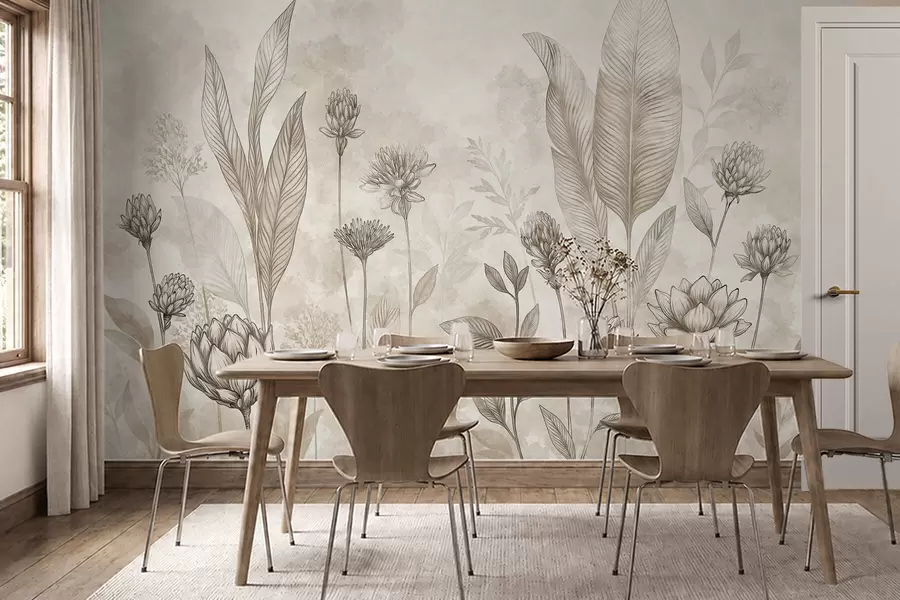 wall murals Ботаничка композиција са цвећем и лишћем w05802