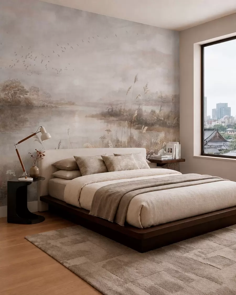 wall murals Магловити пејзаж поред језера са дивљим цвећем w05813