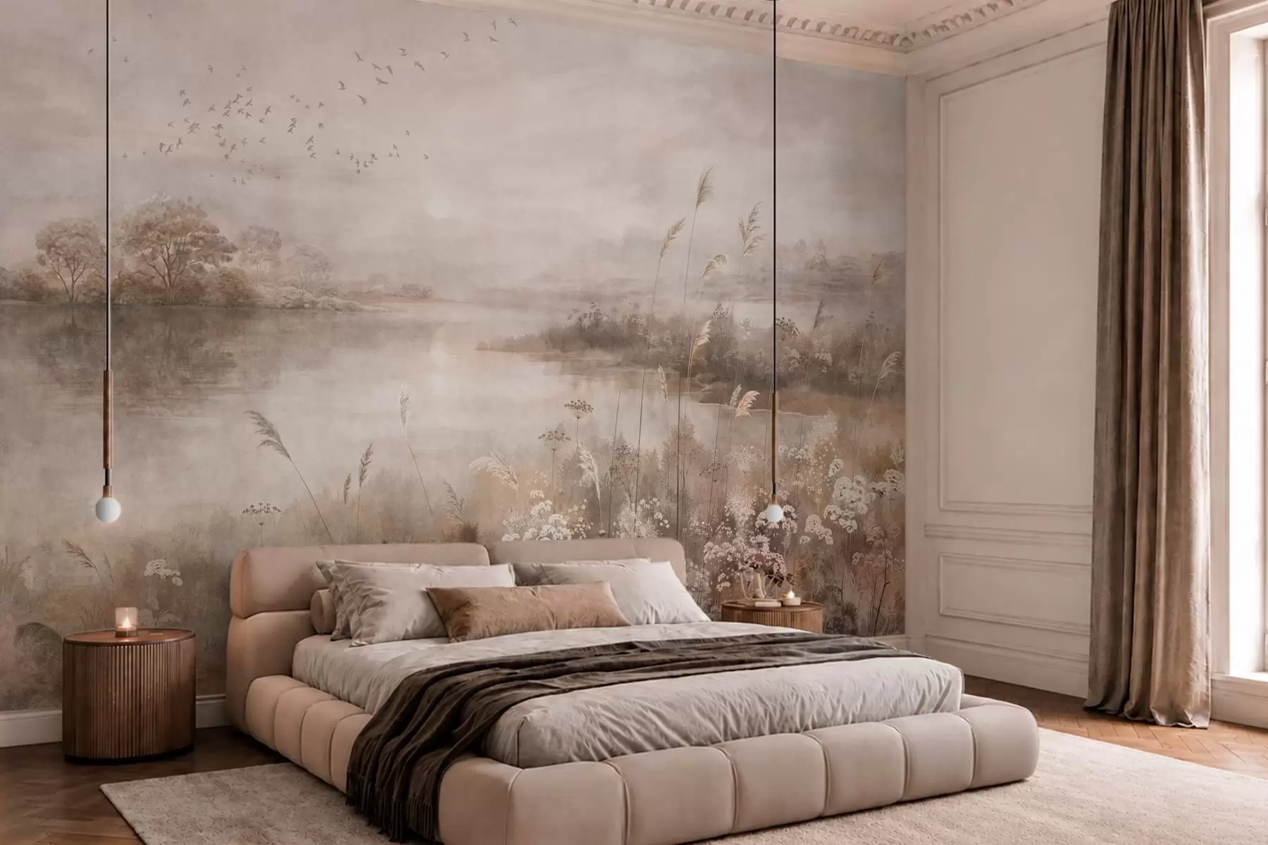 wall murals Магловити пејзаж поред језера са дивљим цвећем w05813