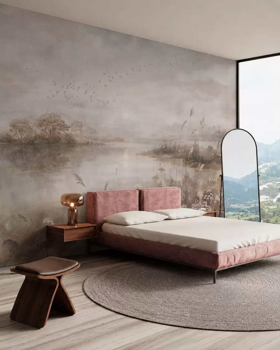 wall murals Магловити пејзаж поред језера са дивљим цвећем w05813