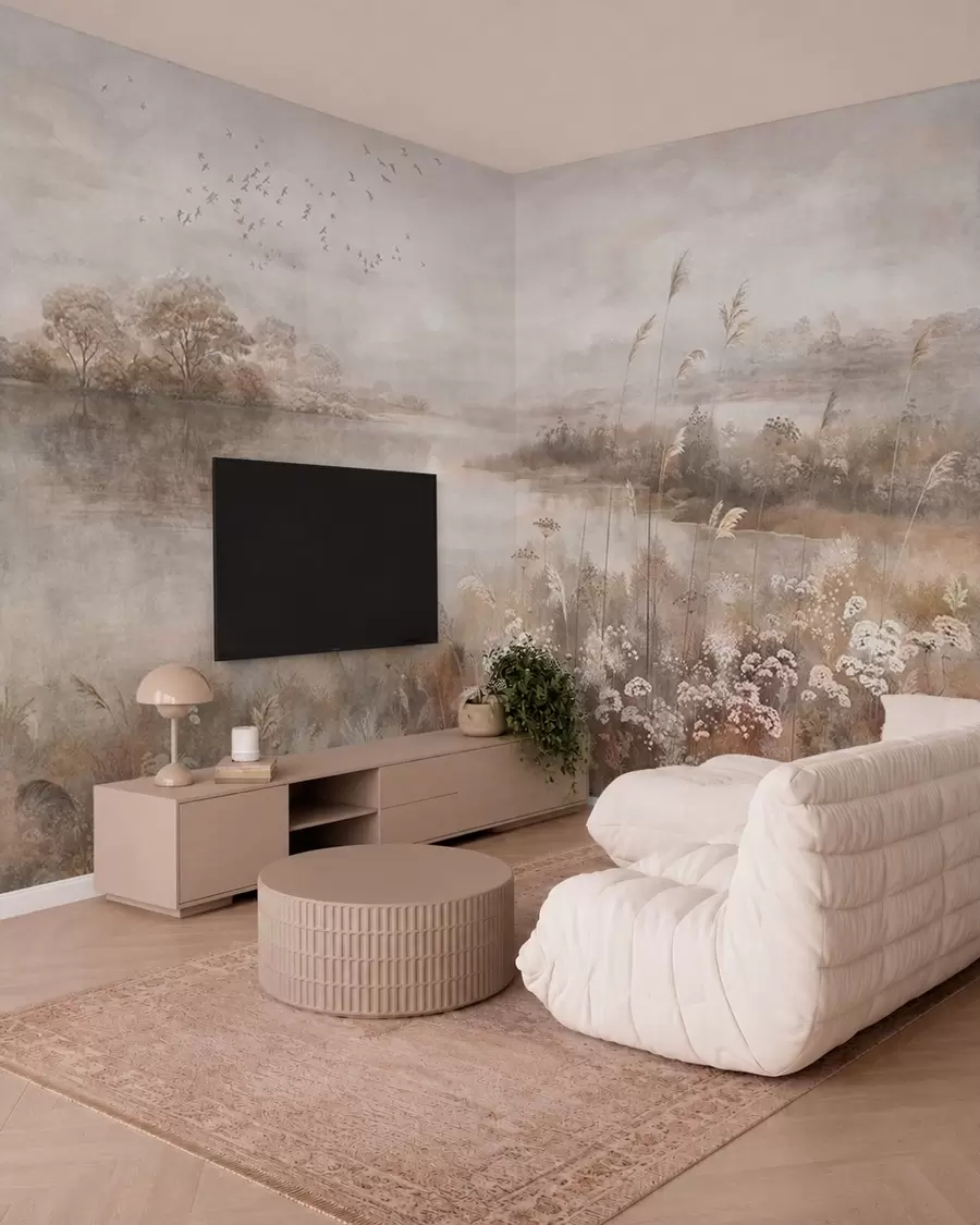 wall murals Магловити пејзаж поред језера са дивљим цвећем w05813