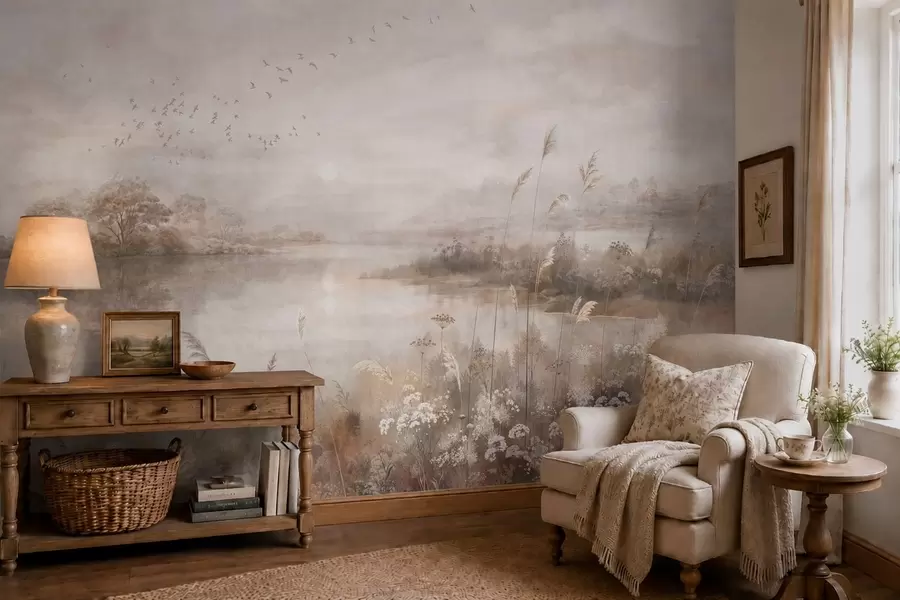 wall murals Магловити пејзаж поред језера са дивљим цвећем w05813