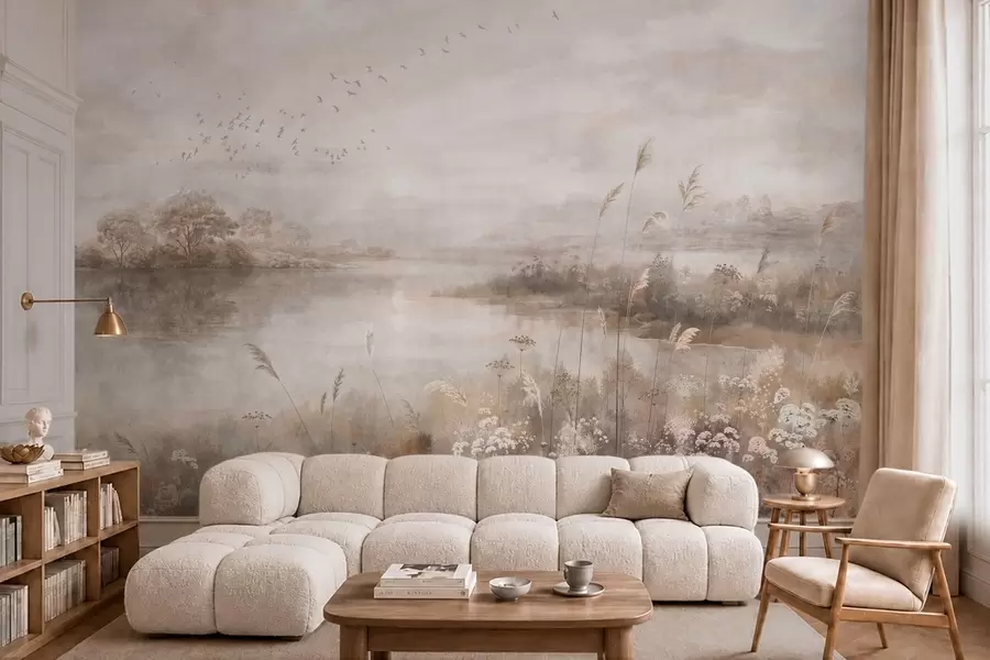 wall murals Магловити пејзаж поред језера са дивљим цвећем w05813