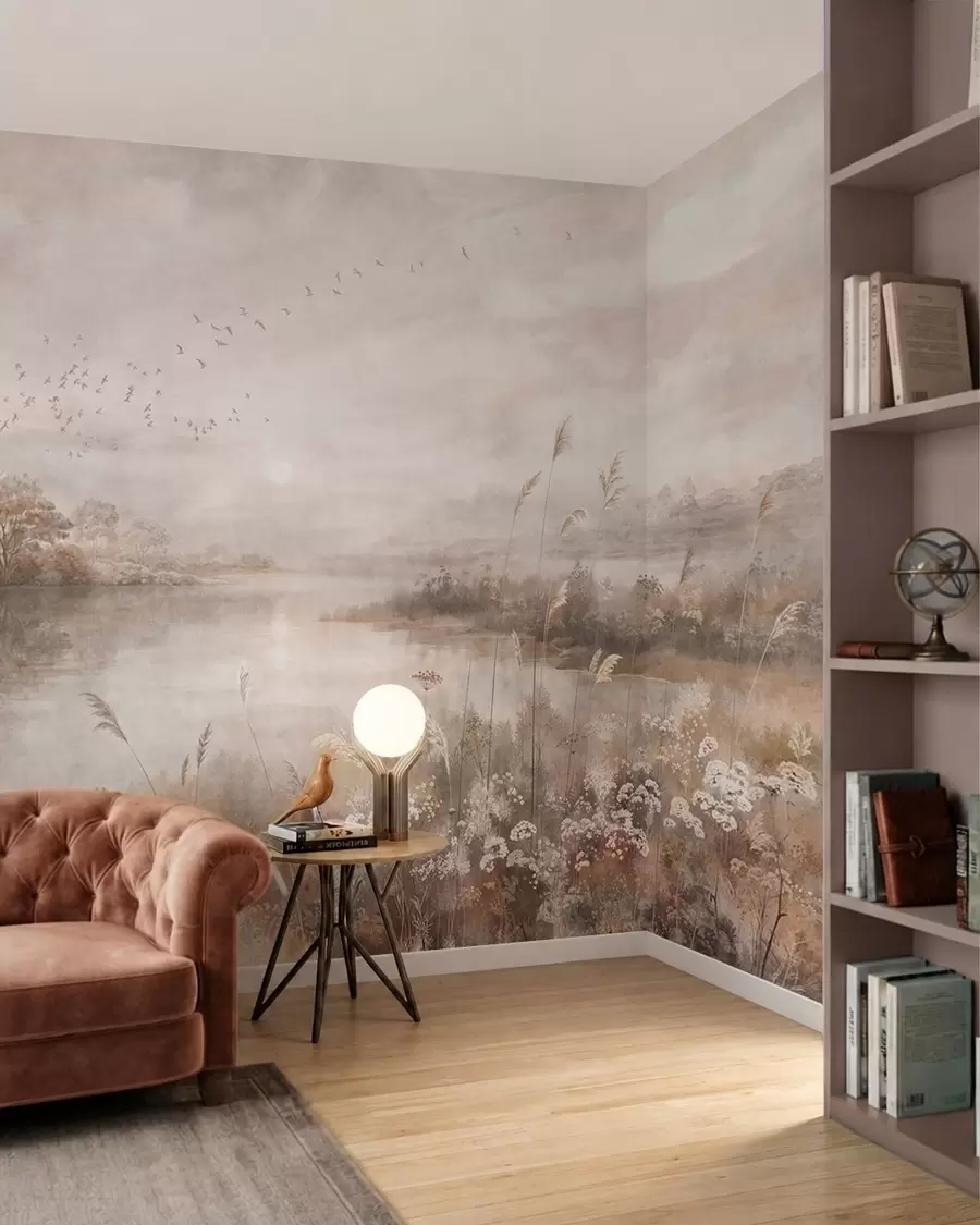 wall murals Магловити пејзаж поред језера са дивљим цвећем w05813