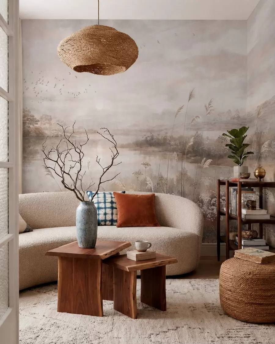 wall murals Магловити пејзаж поред језера са дивљим цвећем w05813