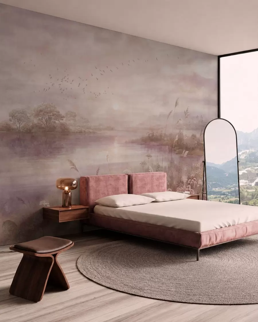 wall murals Ружичасто језеро са дивљим цвећем w05813v1
