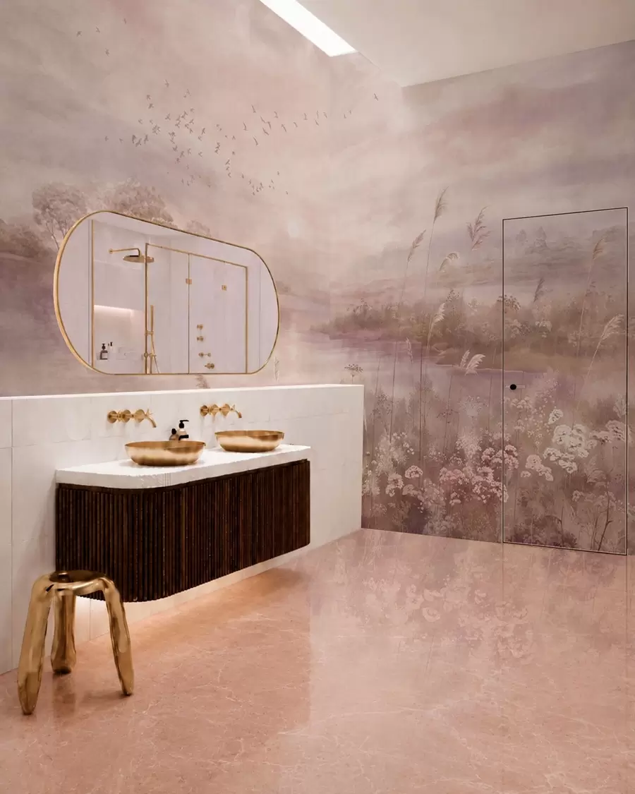 wall murals Ружичасто језеро са дивљим цвећем w05813v1