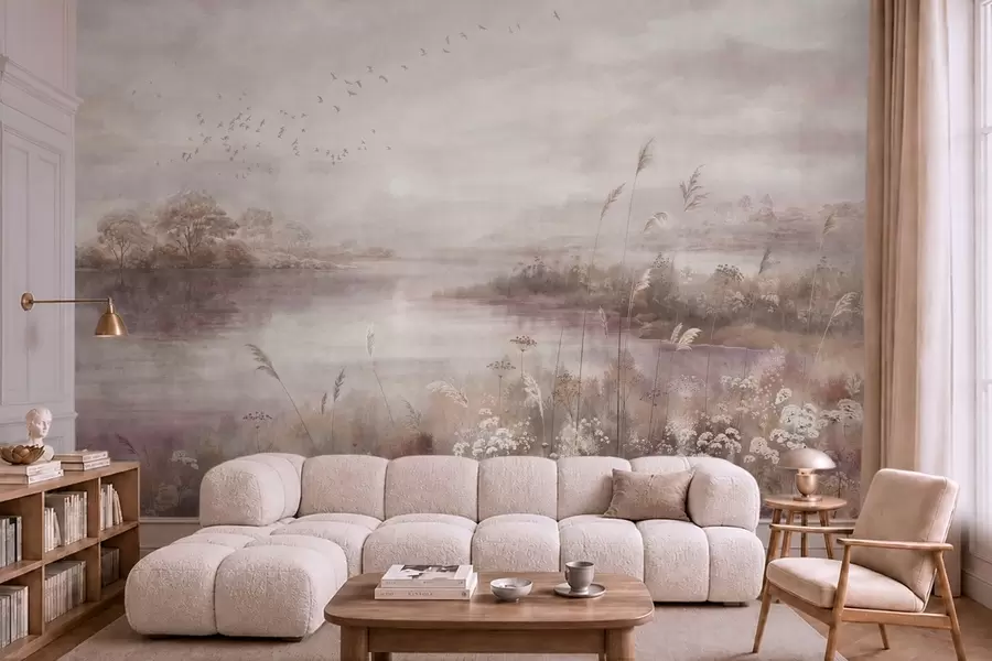 wall murals Мирно језеро у нежним јоргованим тоновима w05813v2
