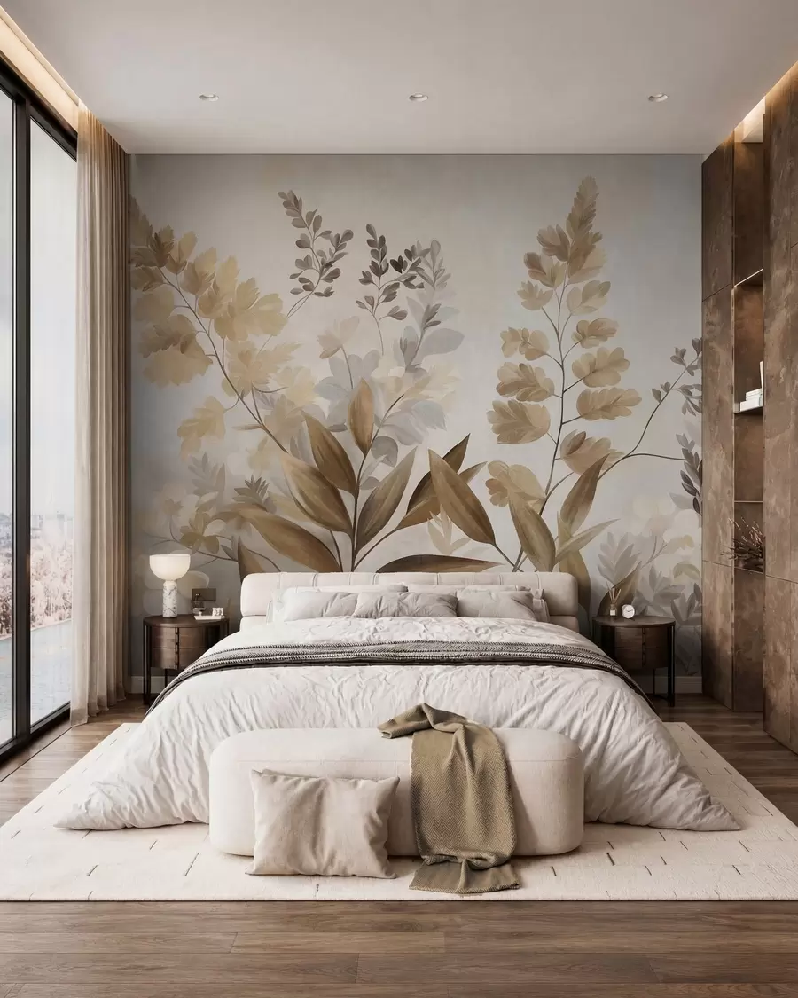 wall murals Текстурирана ботаничка уметност, разне биљке и лишће у нијансама браон и беж w09979