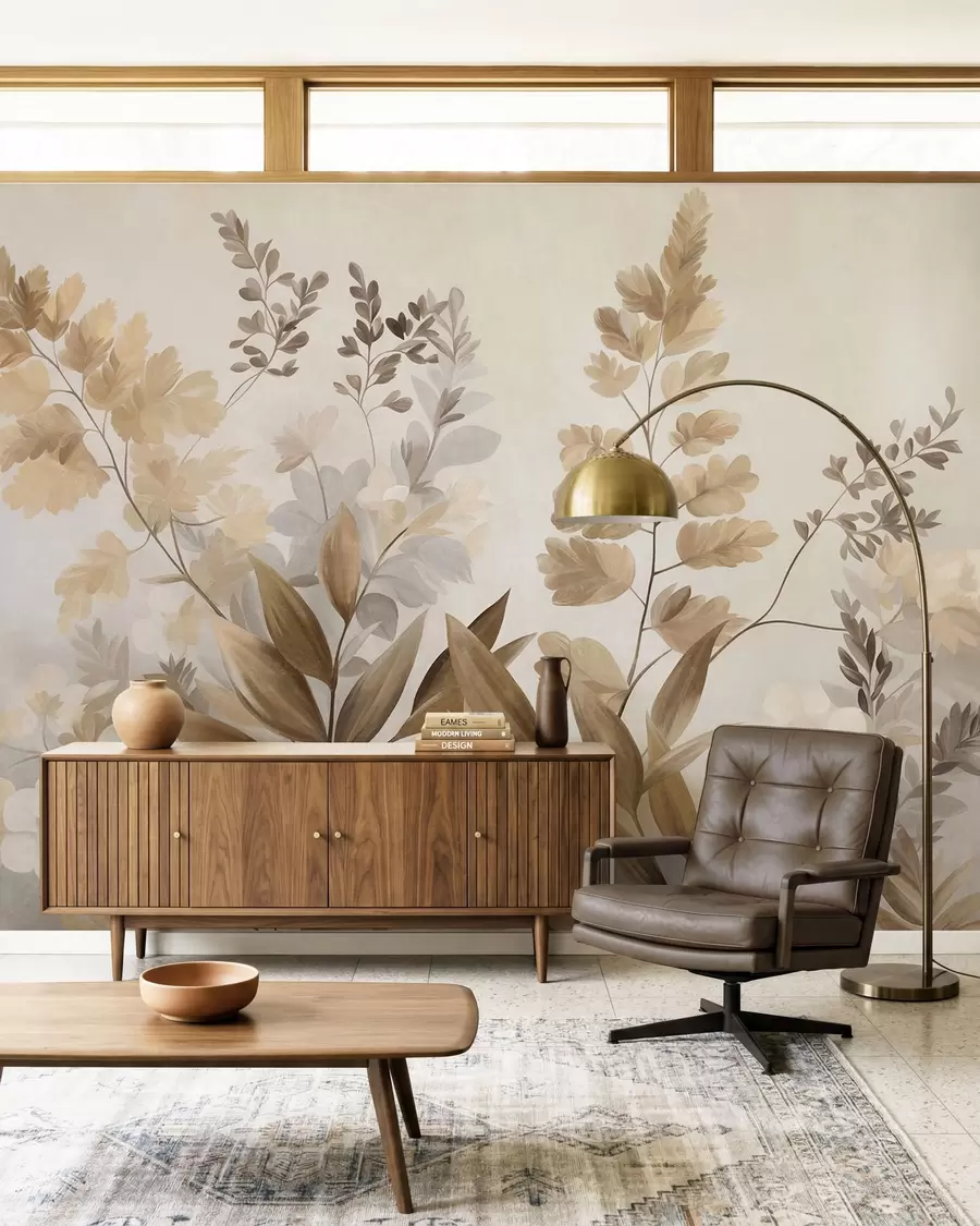 wall murals Текстурирана ботаничка уметност, разне биљке и лишће у нијансама браон и беж w09979