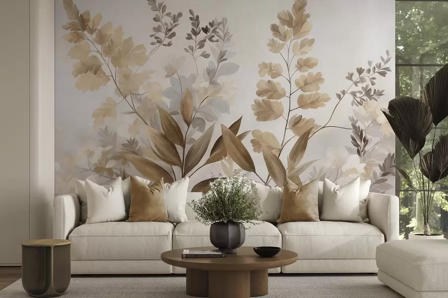 wall murals Текстурирана ботаничка уметност, разне биљке и лишће у нијансама браон и беж w09979