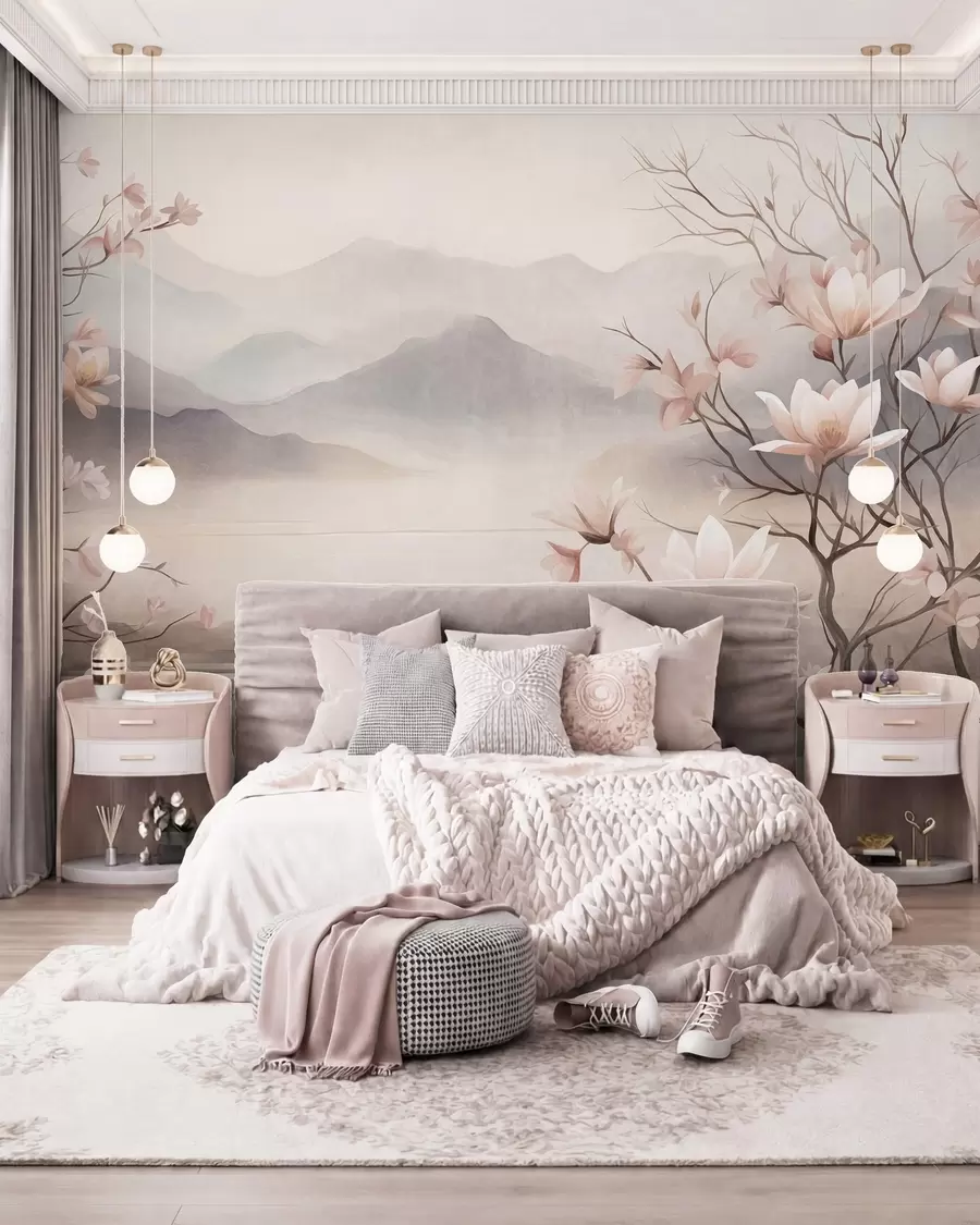 wall murals Планине и цветајуће гране ружичасте магнолије, текстурирани пејзаж w10013