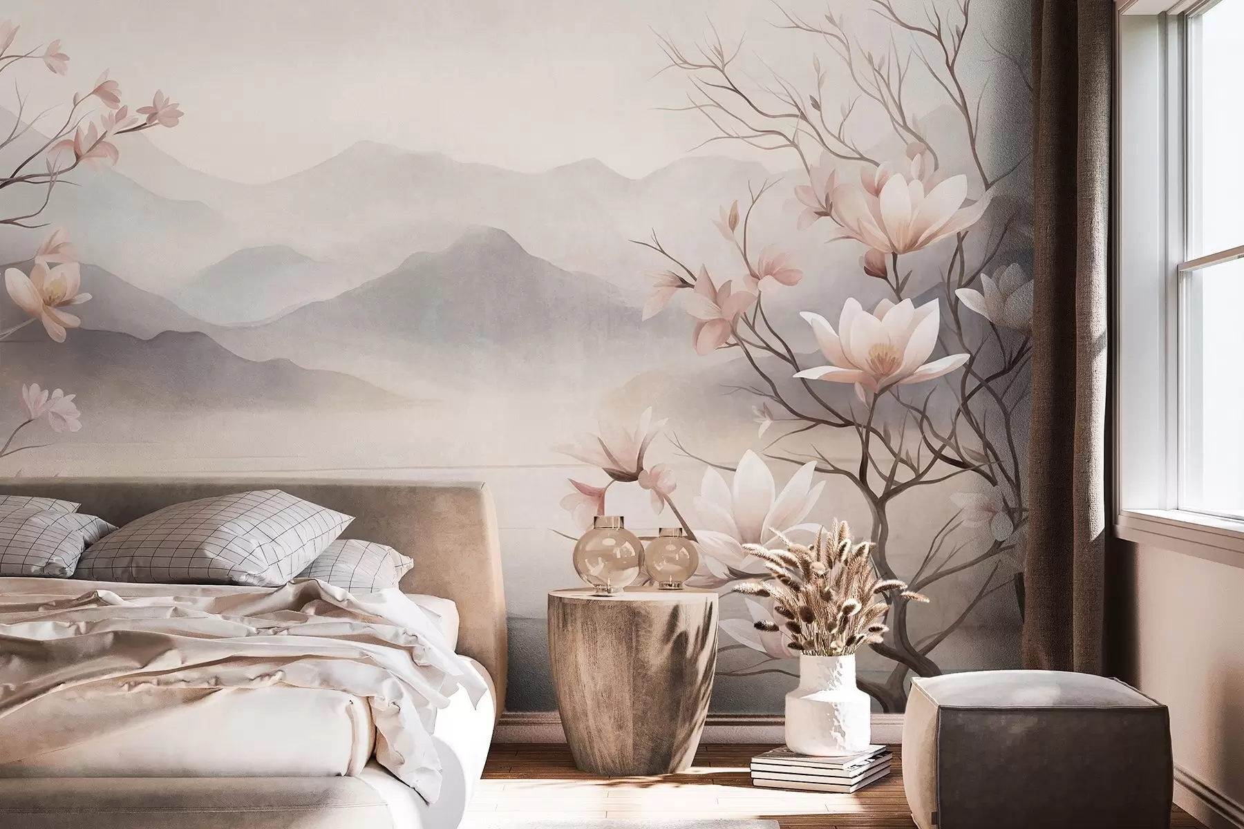 wall murals Планине и цветајуће гране ружичасте магнолије, текстурирани пејзаж w10013