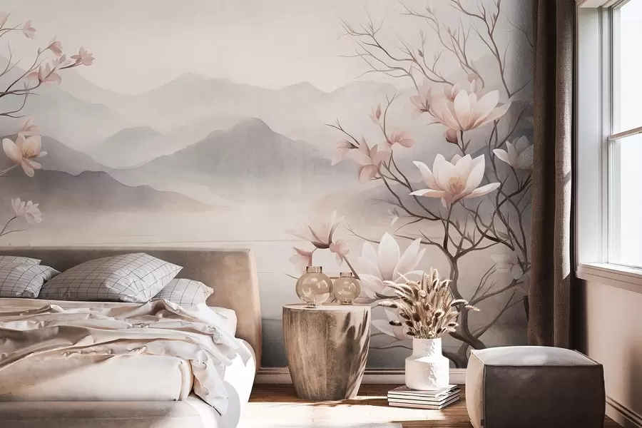 wall murals Планине и цветајуће гране ружичасте магнолије, текстурирани пејзаж w10013