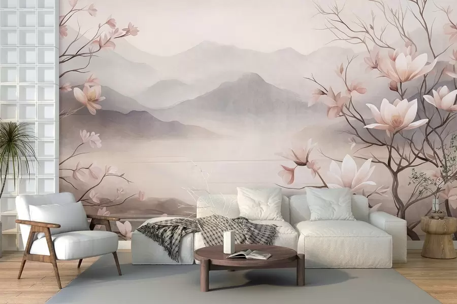 wall murals Планине и цветајуће гране ружичасте магнолије, текстурирани пејзаж w10013