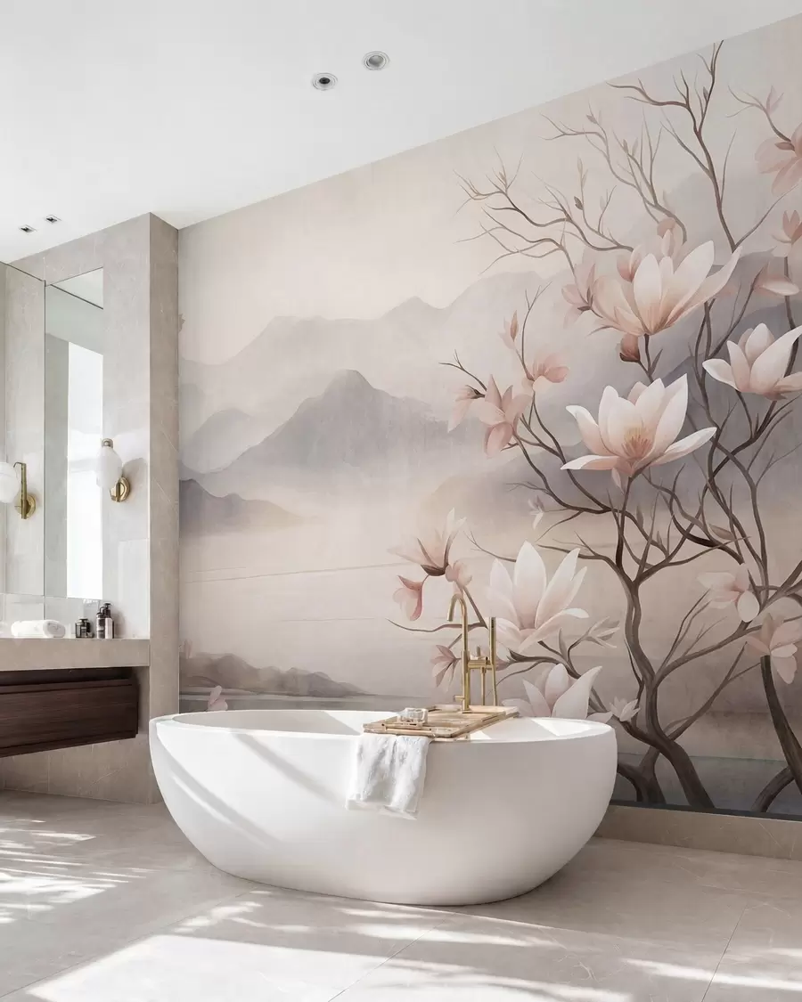 wall murals Планине и цветајуће гране ружичасте магнолије, текстурирани пејзаж w10013