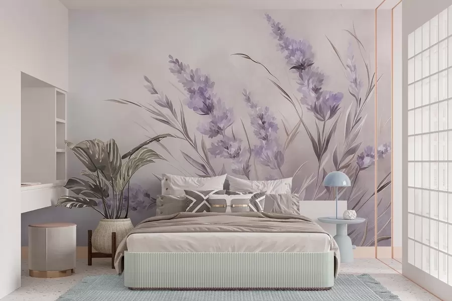 wall murals Цветови лаванде са дугим стабљикама и листовима, мека пастелна текстурирана уметност w10018