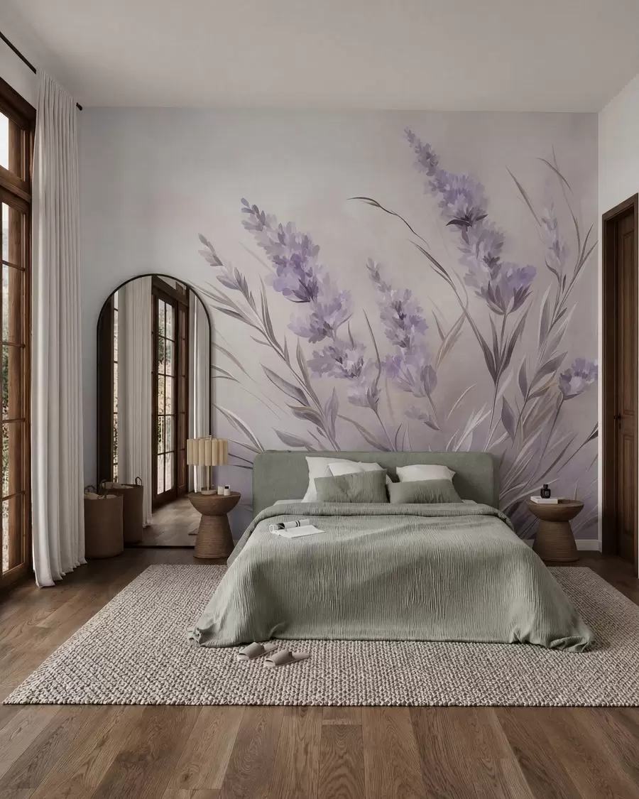 wall murals Цветови лаванде са дугим стабљикама и листовима, мека пастелна текстурирана уметност w10018