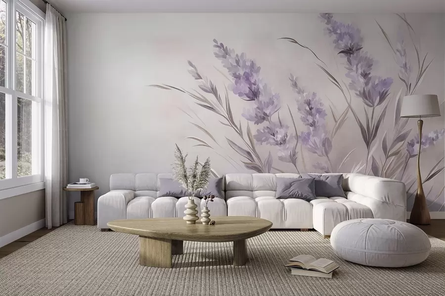 wall murals Цветови лаванде са дугим стабљикама и листовима, мека пастелна текстурирана уметност w10018
