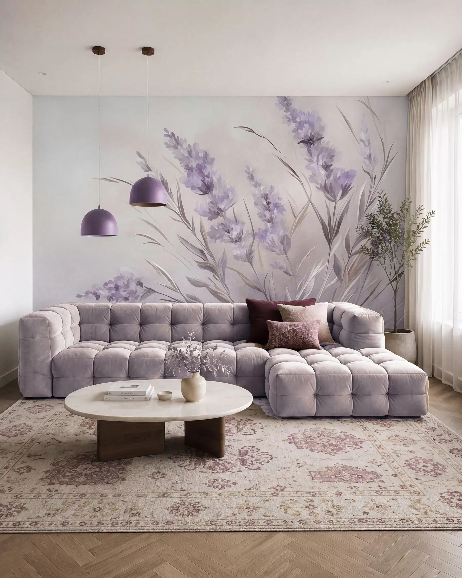 wall murals Цветови лаванде са дугим стабљикама и листовима, мека пастелна текстурирана уметност w10018