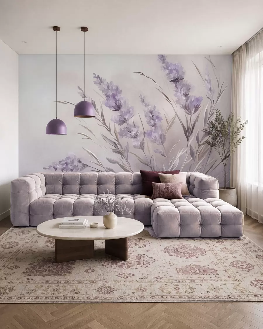 wall murals Цветови лаванде са дугим стабљикама и листовима, мека пастелна текстурирана уметност w10018