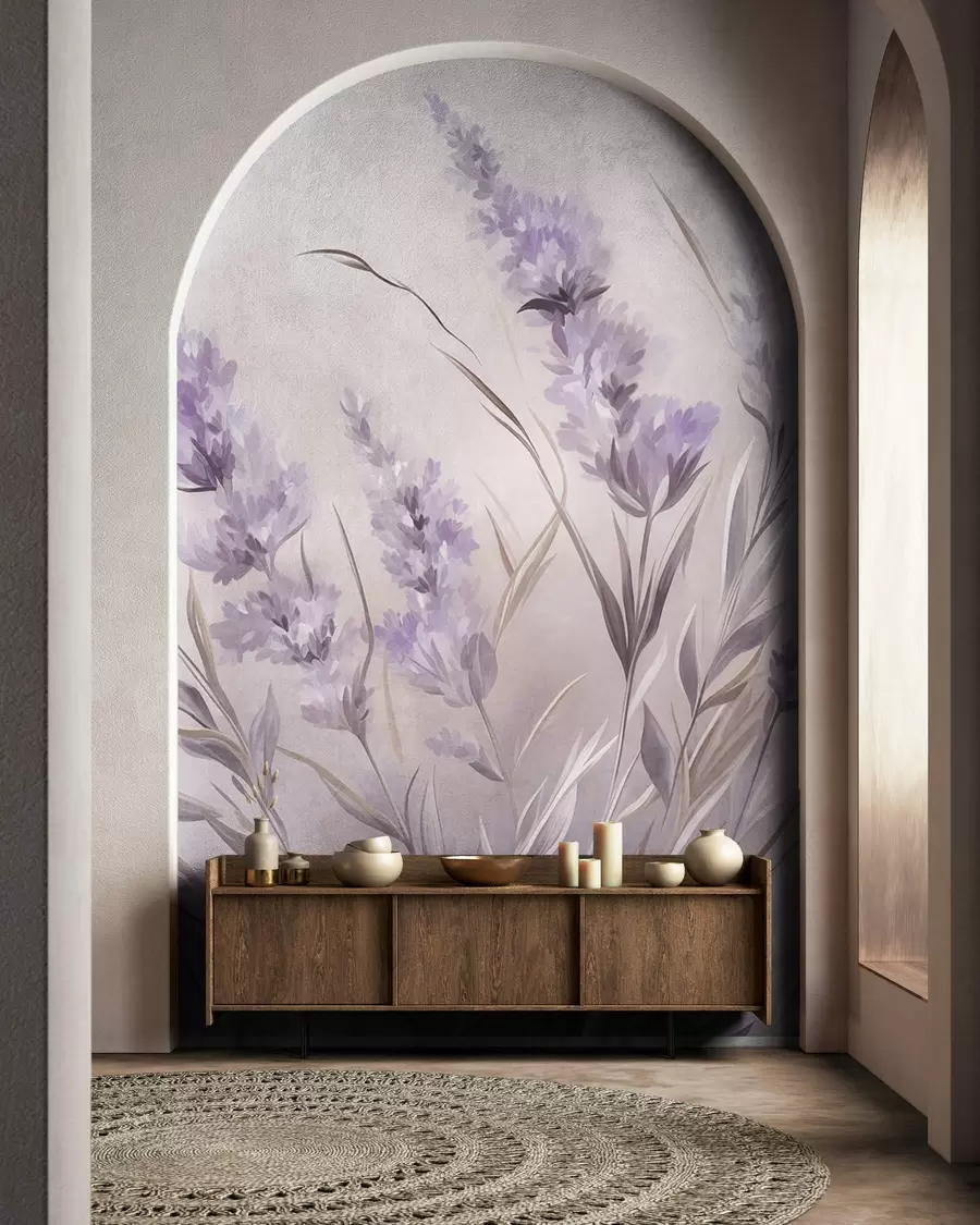 wall murals Цветови лаванде са дугим стабљикама и листовима, мека пастелна текстурирана уметност w10018