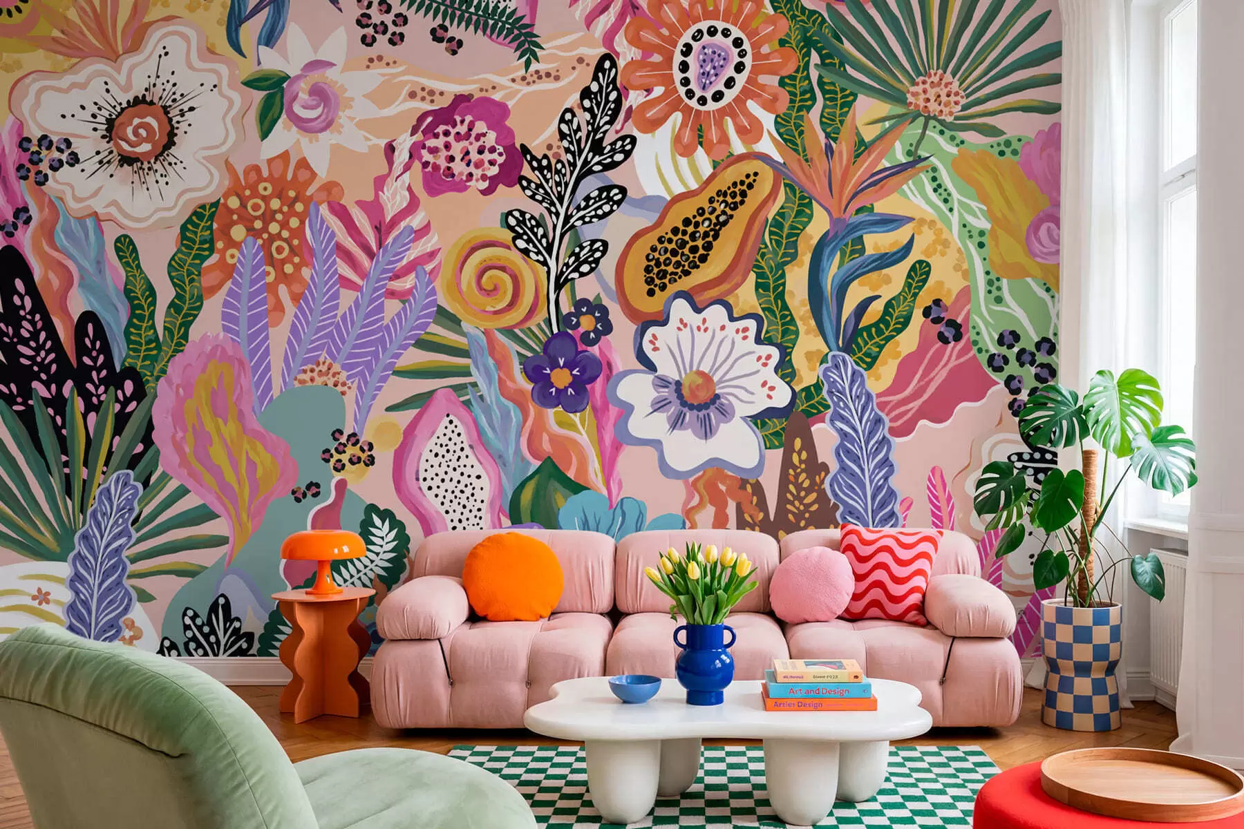 wall murals Живописан тропски мотив са цвећем, лишћем и шареним воћем w05815