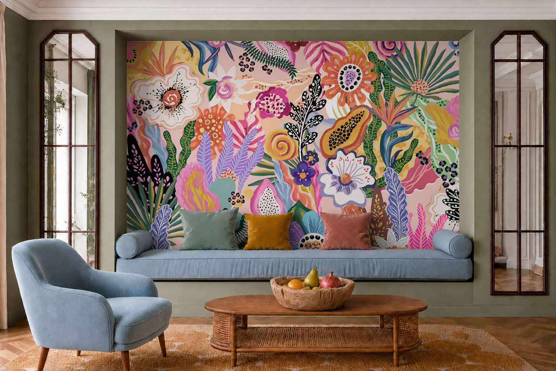 wall murals Живописан тропски мотив са цвећем, лишћем и шареним воћем w05815