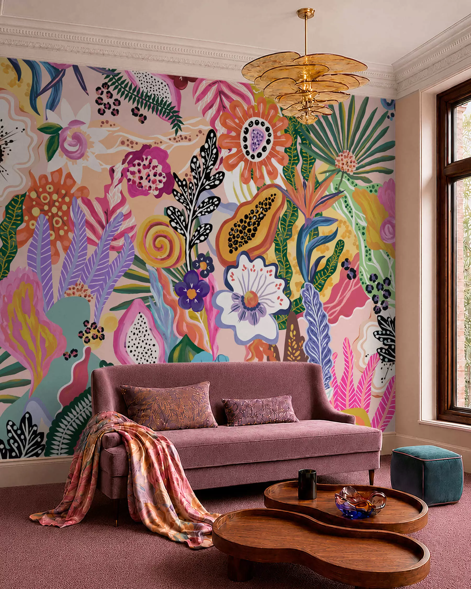 wall murals Живописан тропски мотив са цвећем, лишћем и шареним воћем w05815