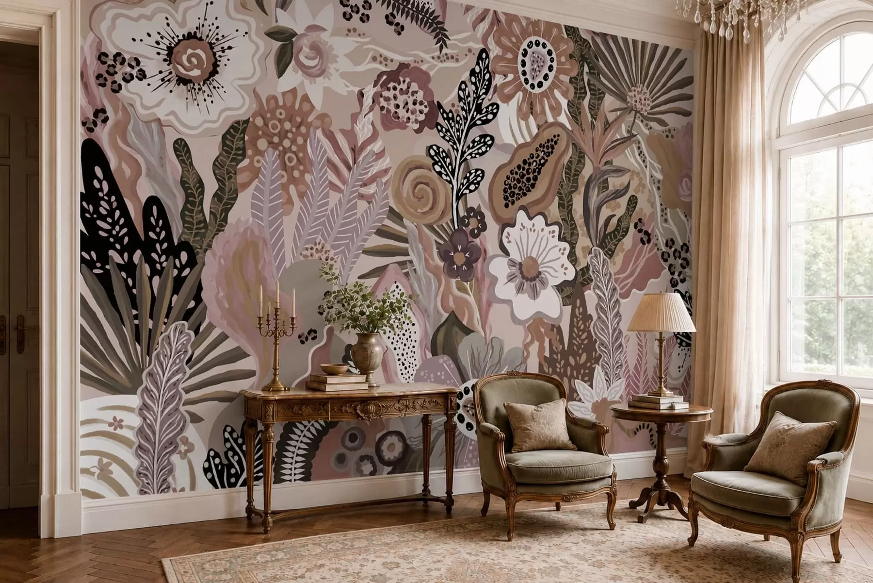 wall murals Пудерасти тропски мотив са цвећем, лишћем и пригушеним меким тоновима w05815v1