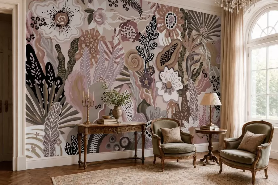 wall murals Пудерасти тропски мотив са цвећем, лишћем и пригушеним меким тоновима w05815v1