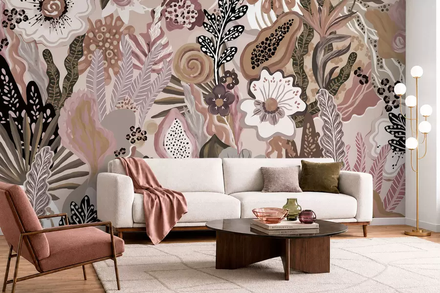 wall murals Пудерасти тропски мотив са цвећем, лишћем и пригушеним меким тоновима w05815v1