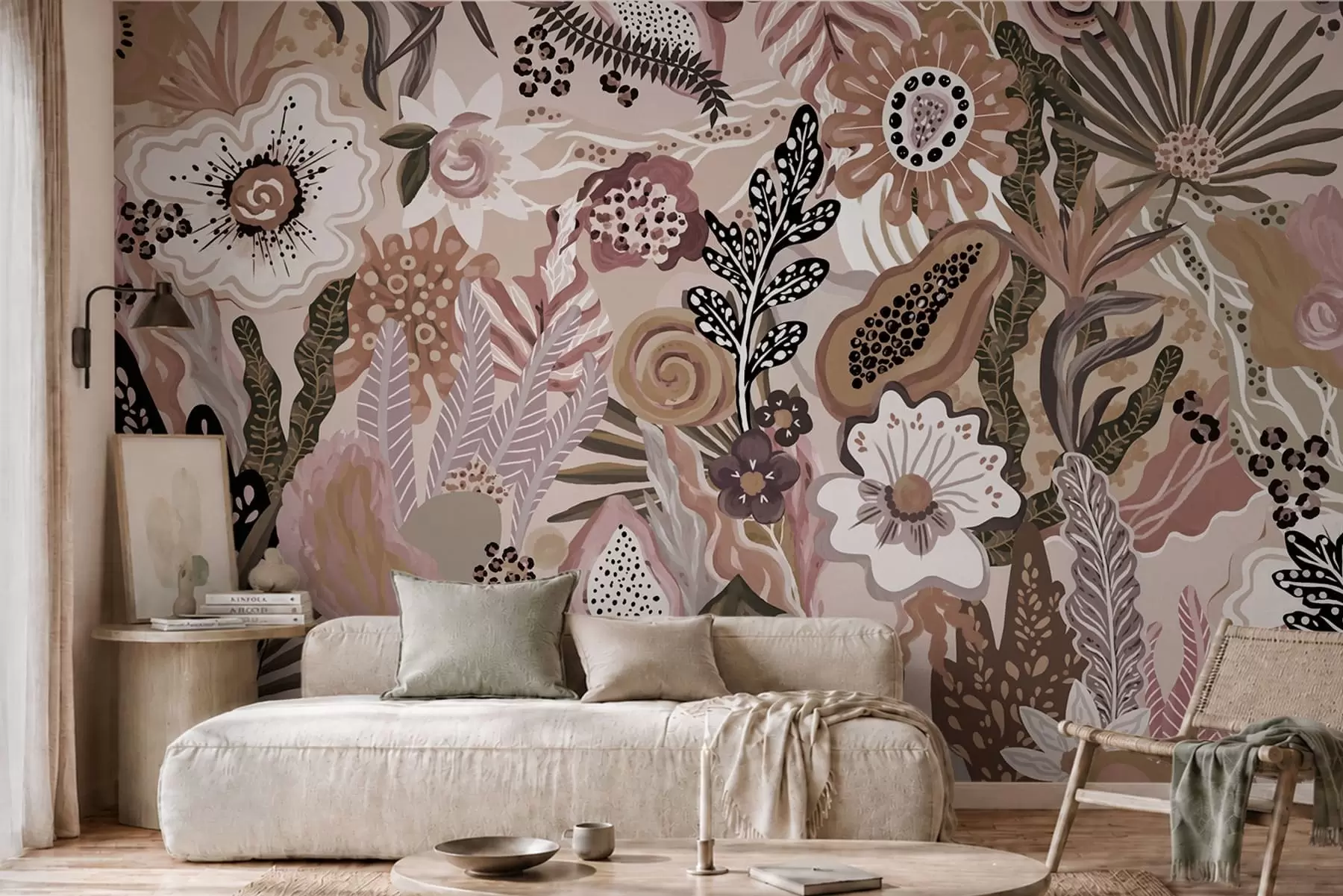 wall murals Пудерасти тропски мотив са цвећем, лишћем и пригушеним меким тоновима w05815v1