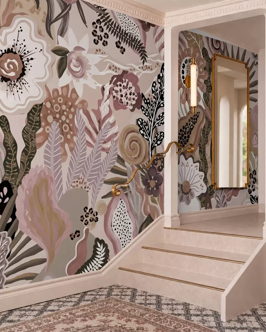 wall murals Пудерасти тропски мотив са цвећем, лишћем и пригушеним меким тоновима w05815v1