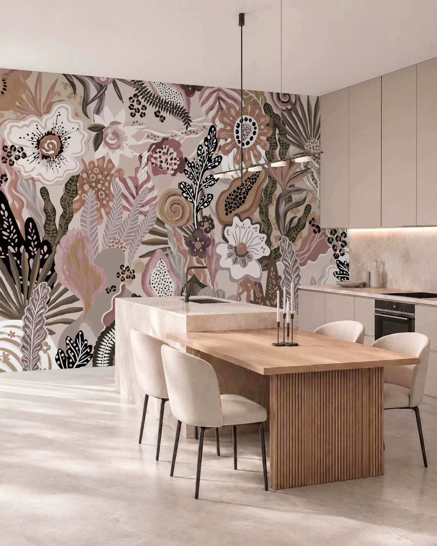 wall murals Пудерасти тропски мотив са цвећем, лишћем и пригушеним меким тоновима w05815v1