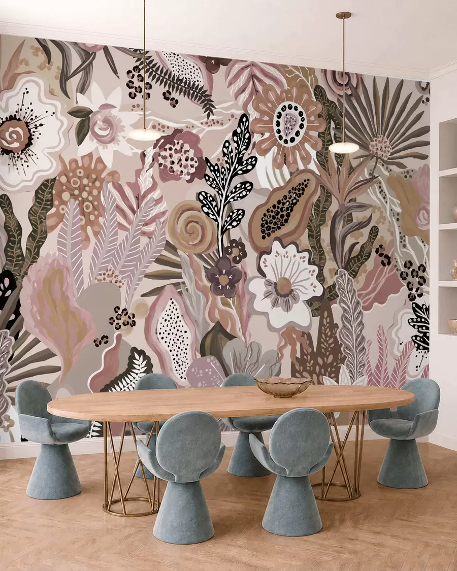 wall murals Пудерасти тропски мотив са цвећем, лишћем и пригушеним меким тоновима w05815v1