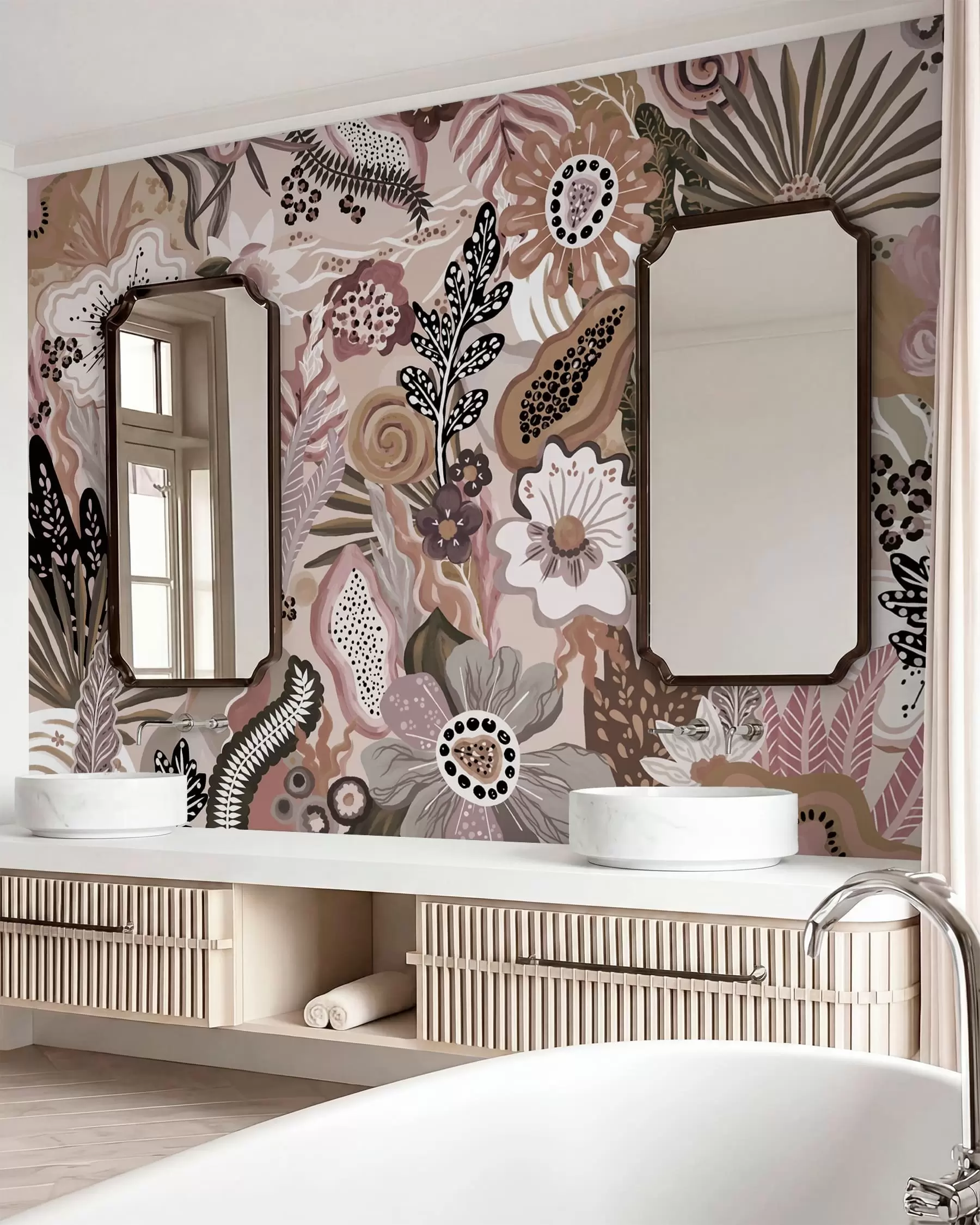 wall murals Пудерасти тропски мотив са цвећем, лишћем и пригушеним меким тоновима w05815v1