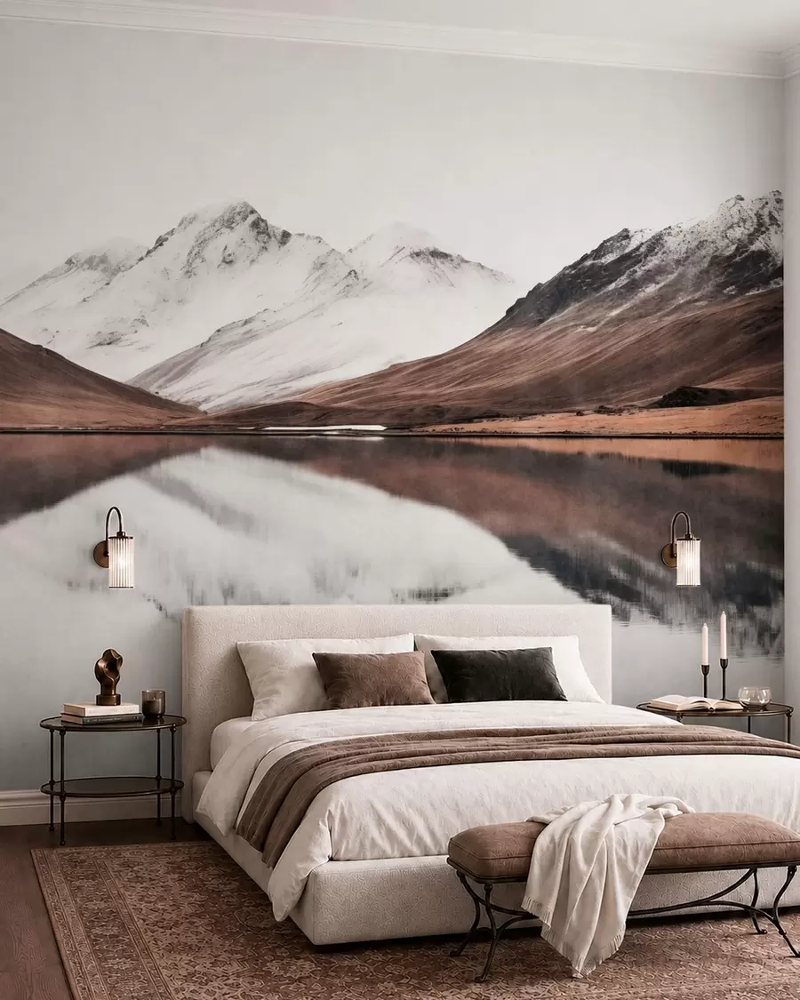 wall murals Снежни планински врхови и мирно језеро са одразом попут огледала w05816