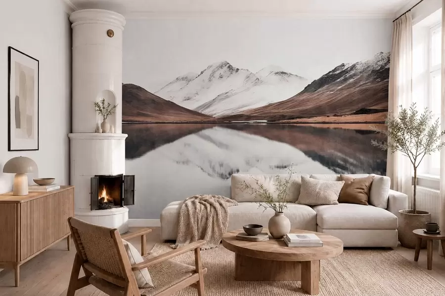 wall murals Снежни планински врхови и мирно језеро са одразом попут огледала w05816