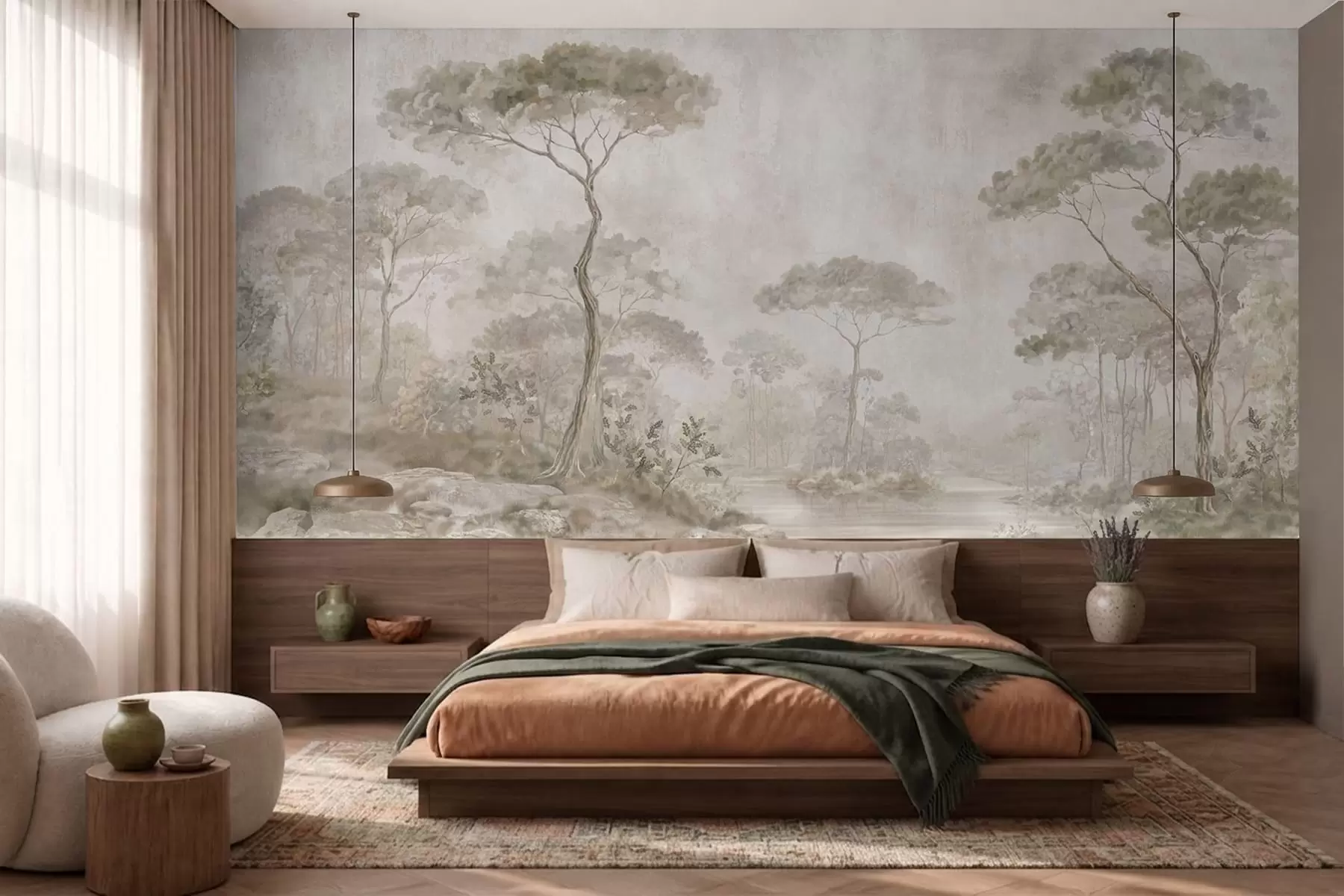 wall murals Магловита шума поред мирне воде у меким природним пастелним тоновима w05817